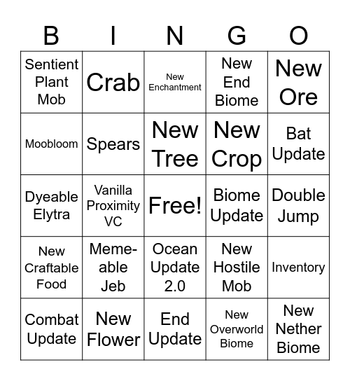 Minecraft Live Bingo Card