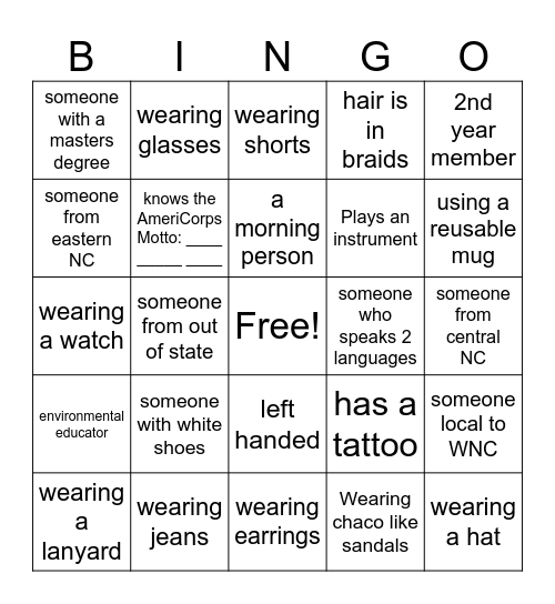 AmeriCorps Project Conserve Bingo Card