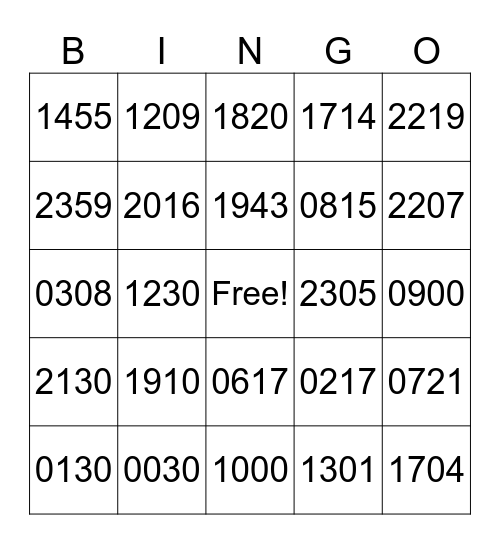 Military Time Bingo Card