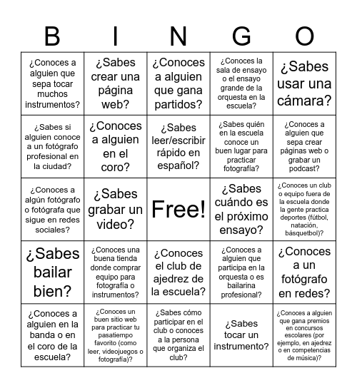 Sp. 2 Unidad 1b  Saber y Conocer Entrevista Bingo Card