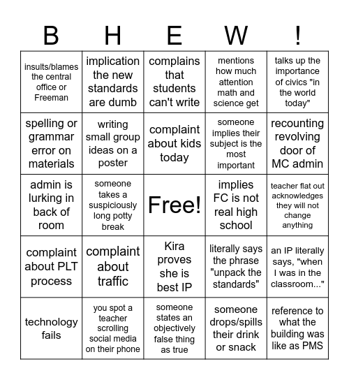 Back Hall Even Worse Bingo Card
