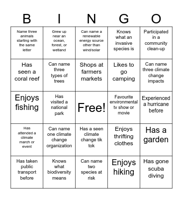 Biodiversity and Climate Change Bingo Card