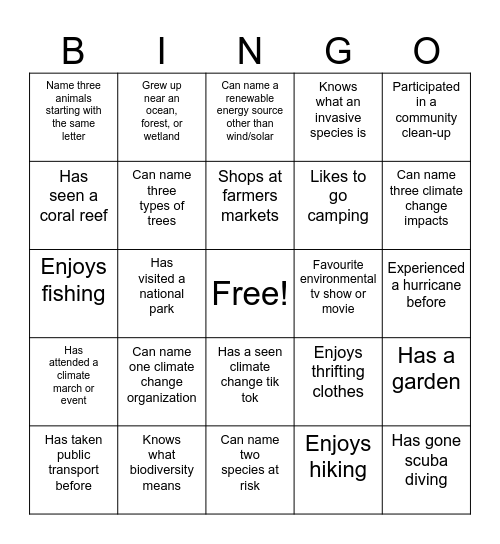 Biodiversity and Climate Change Bingo Card