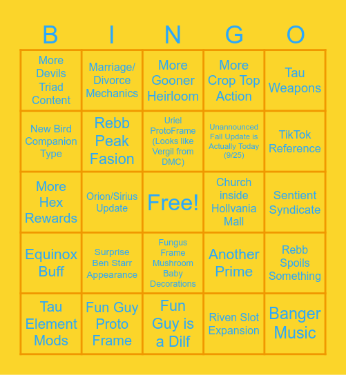 Amy's Warframe DevStream#189 Bingo Card Bingo Card