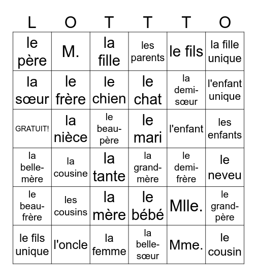La Famille Bingo Card