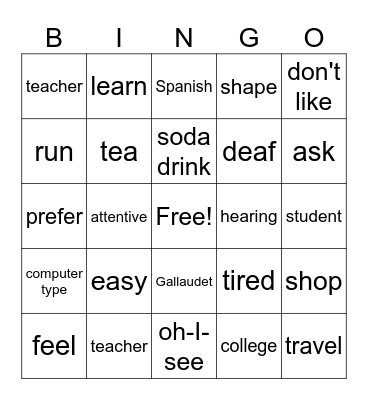 ASL 1 Unit 2 review Bingo Card