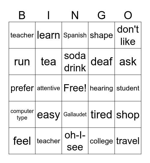 ASL 1 Unit 2 review Bingo Card