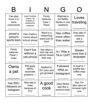 HRA X WIBA Meet & Compete BINGO Card Bingo Card