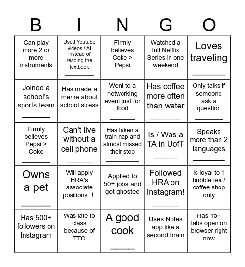 HRA X WIBA Meet & Compete BINGO Card Bingo Card