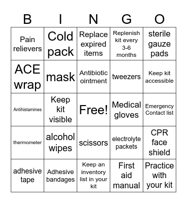 First Aid Kit Bingo Card