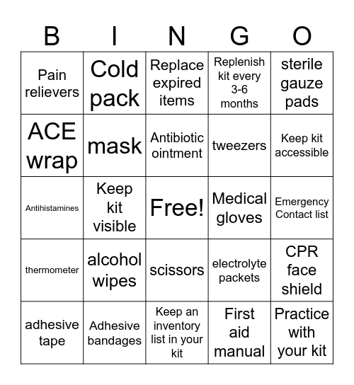 First Aid Kit Bingo Card