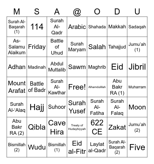 ISLAMIC BINGO! Bingo Card