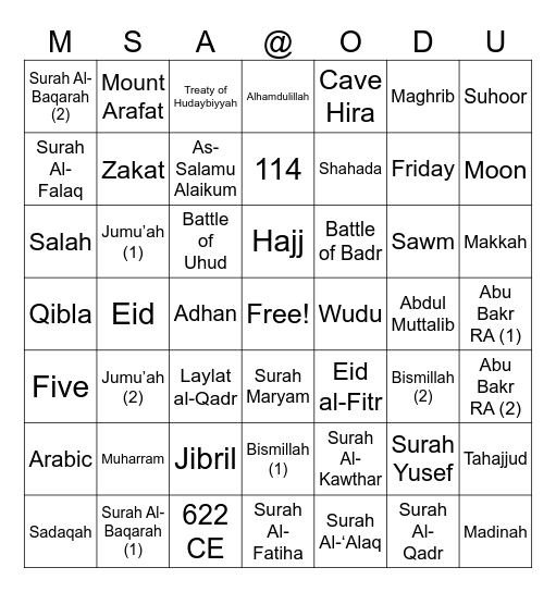 ISLAMIC BINGO! Bingo Card