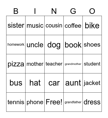 Vocabulary Bingo Card