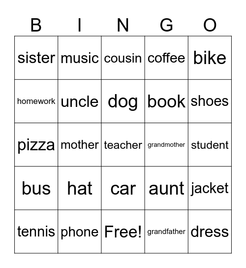 Vocabulary Bingo Card