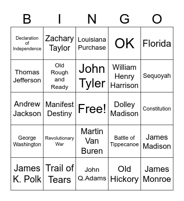 Presidents 1-12 Bingo Card