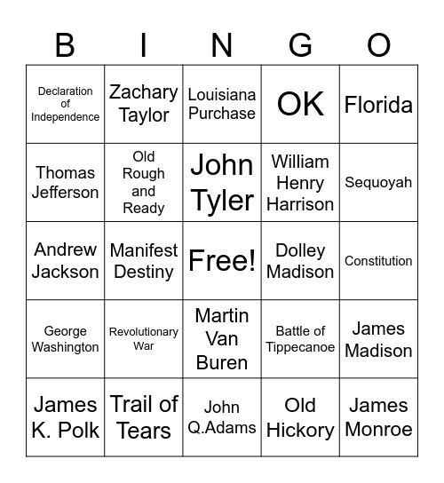 Presidents 1-12 Bingo Card