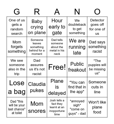 Family Travel Bingo Card