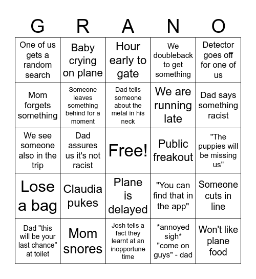 Family Travel Bingo Card