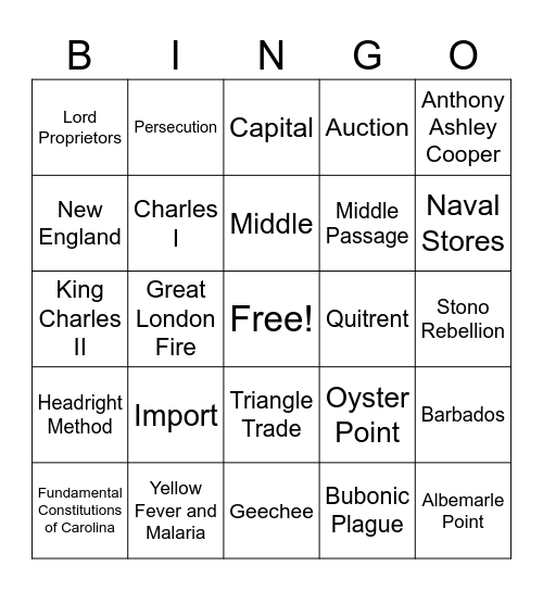 Proprietary Colony Bingo Card