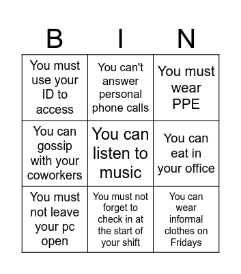 Rules at work Bingo Card