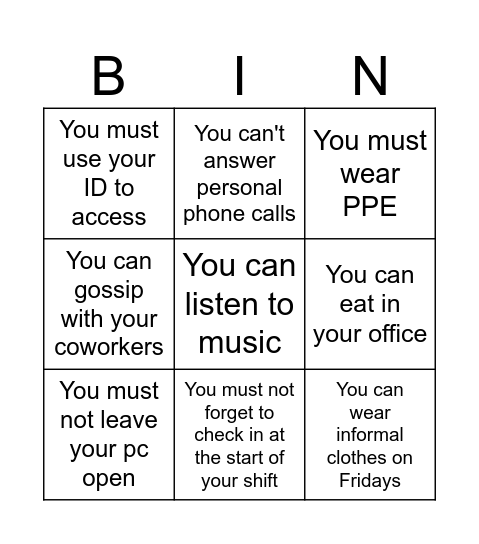 Rules at work Bingo Card