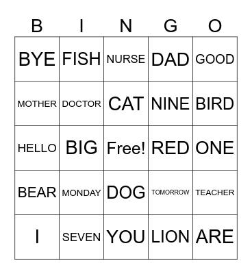 Palavras em Inglês Bingo Card