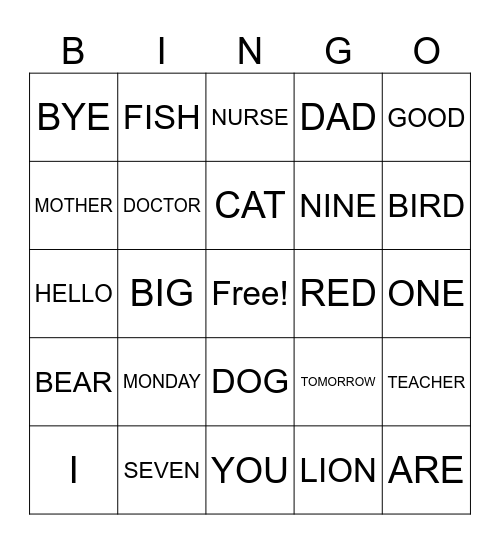 Palavras em Inglês Bingo Card