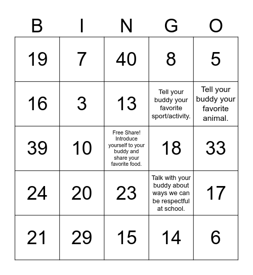 PBIS Buddy Bingo Card