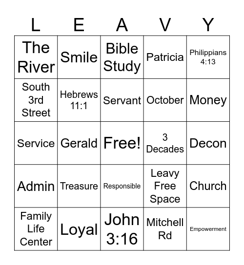 Leavy Bingo Card