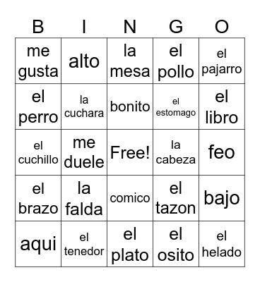 Espanol Bingo Card