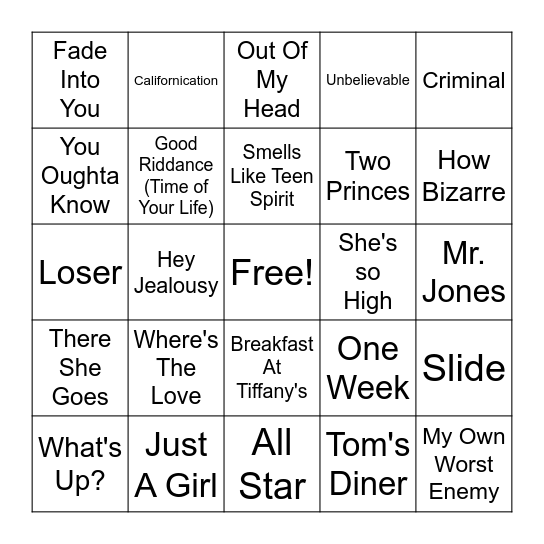 Rounds 3 and 4 - 90's Hits Bingo Card
