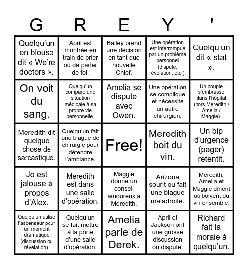 Grey's BINGO Card