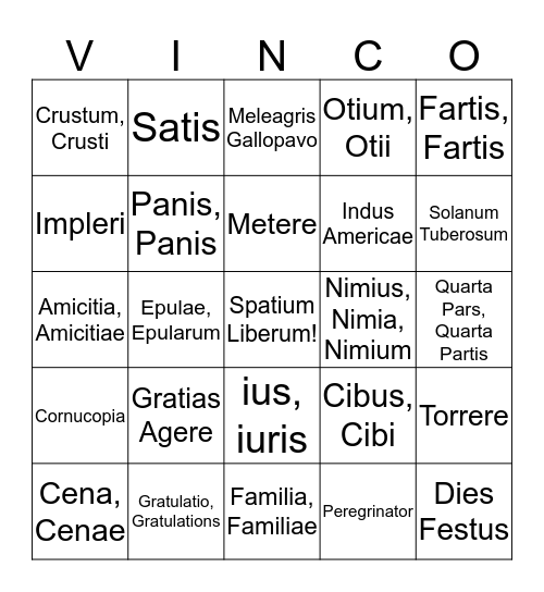 Latin Thanksgiving Bingo Card