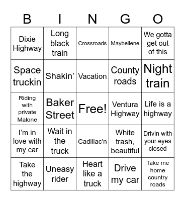 Traveling Songs Part 2 Bingo Card