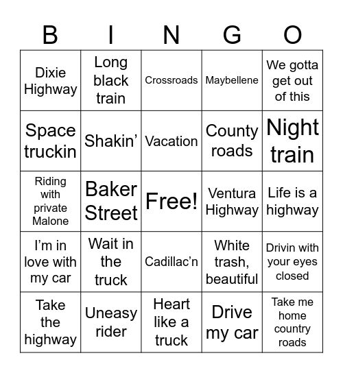 Traveling Songs Part 2 Bingo Card