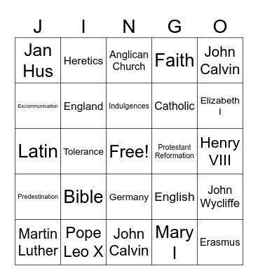 Protestant Reformation Jingo Bingo Card