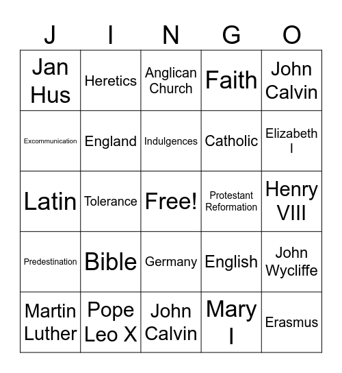 Protestant Reformation Jingo Bingo Card