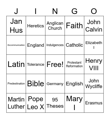 Protestant Reformation Jingo Bingo Card