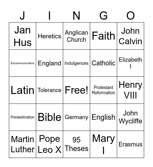 Protestant Reformation Jingo Bingo Card