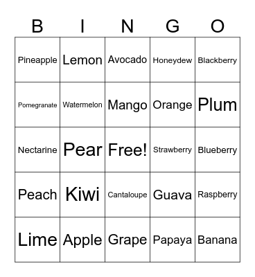FRN Fruit Bingo Card