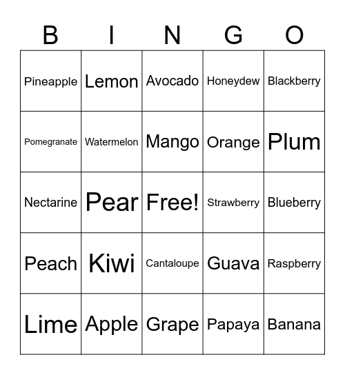 FRN Fruit Bingo Card