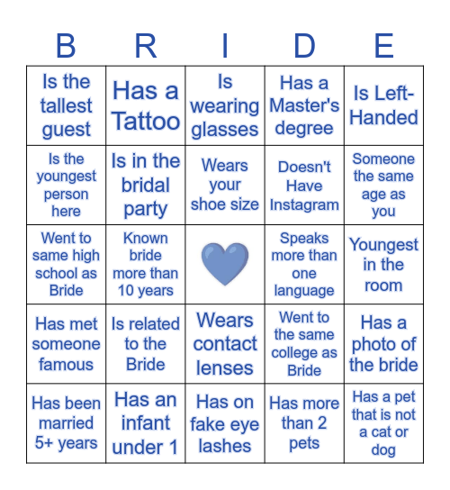 Bridal Bingo Card