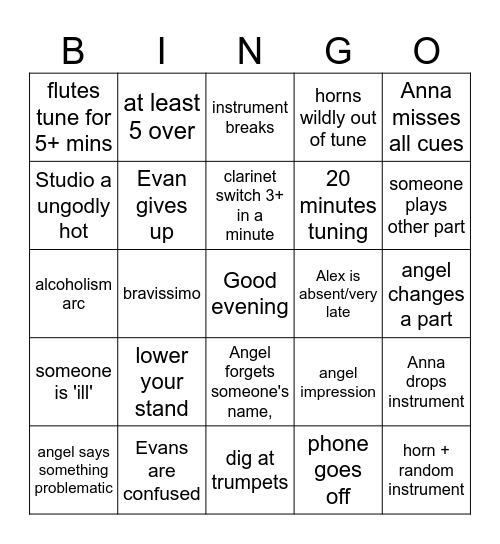 Orchestra bingo Card