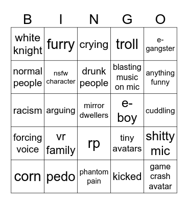 vr chat Bingo Card