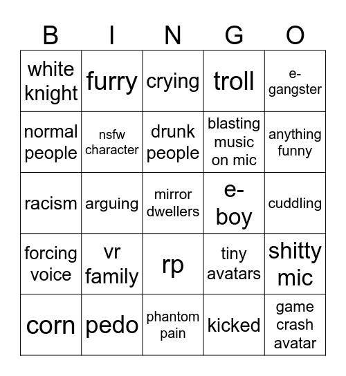 vr chat Bingo Card