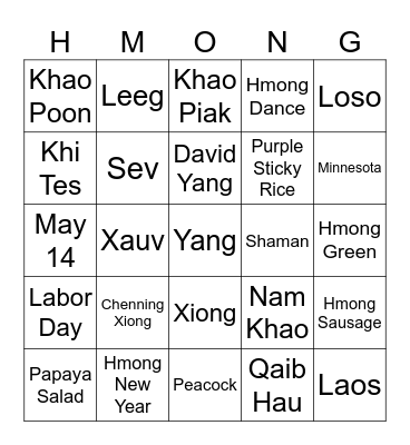 Hmong Bingo Card
