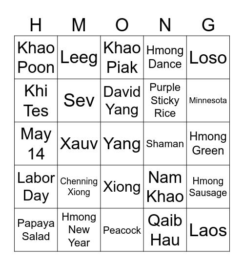 Hmong Bingo Card