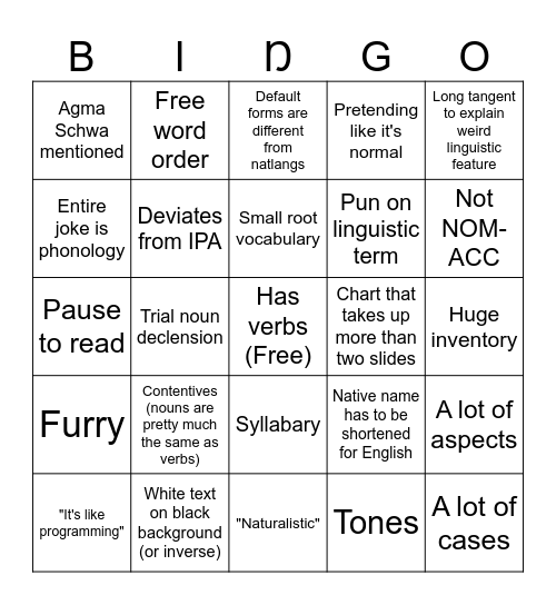 Cursed Conlang Circus 4 (v2) Bingo Card