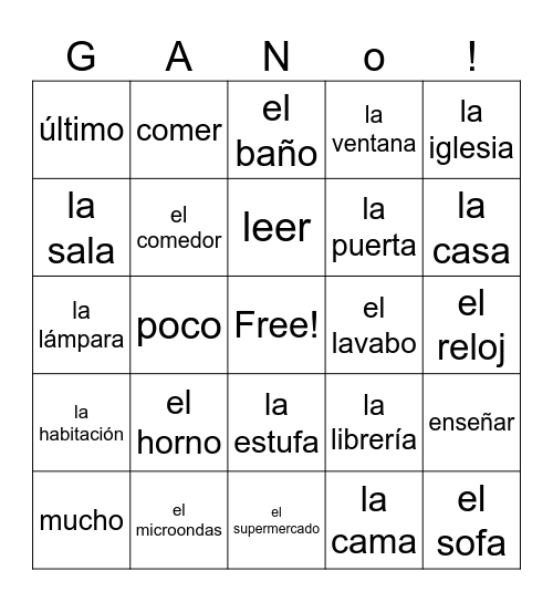 Spanish 1 Vocab 2A Bingo Card